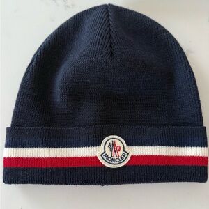 AUTH Moncler Logo Patch Striped Wool Beanie, Hat, Made In Italy